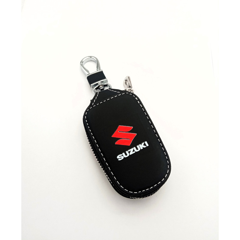 FUNDA DE CUERO DE LLAVE SUZUKI NEGRO y CROMADO